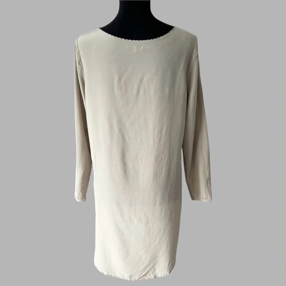 Oak Fort Taupe Pure Silk Laser Cutout Long Sleeve Shift Dress - Picture 3 of 14